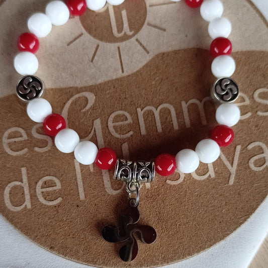 Bracelet pierres naturelles – Corail & onyx blanche 6mm Croix basque