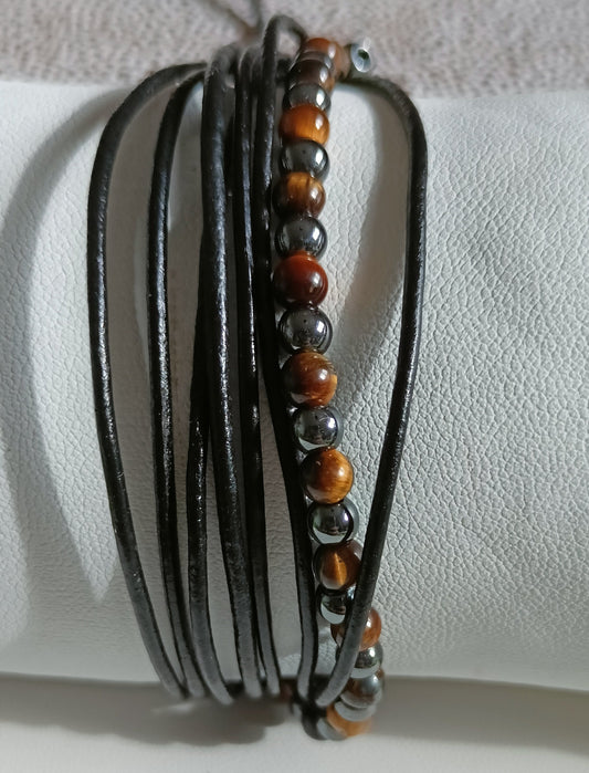 Bracelet Ajustable En Cuir Et Pierre Naturelle oeil De Tigre & hématite