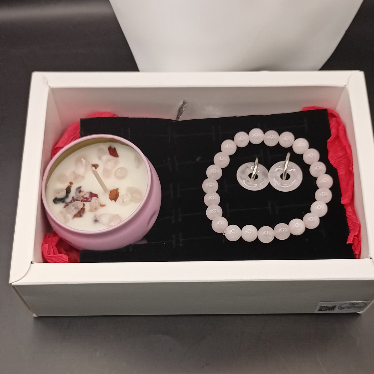 Coffret _ Quartz rose _ bracelet, boucles et bougie