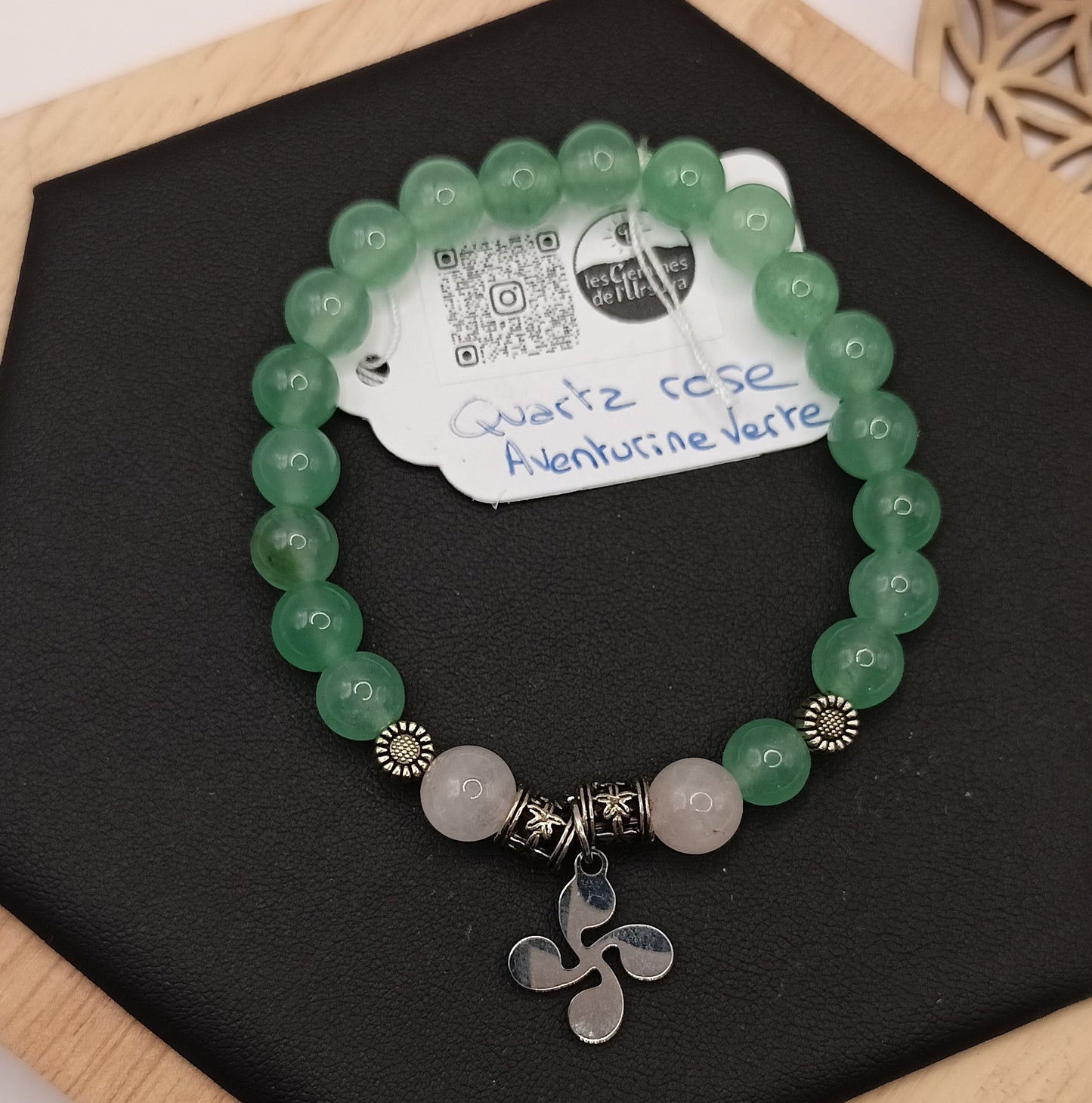 Bracelet Aventurine verte & Quartz Rose Pierre Naturelle Lauburu Basque Perles 8mm