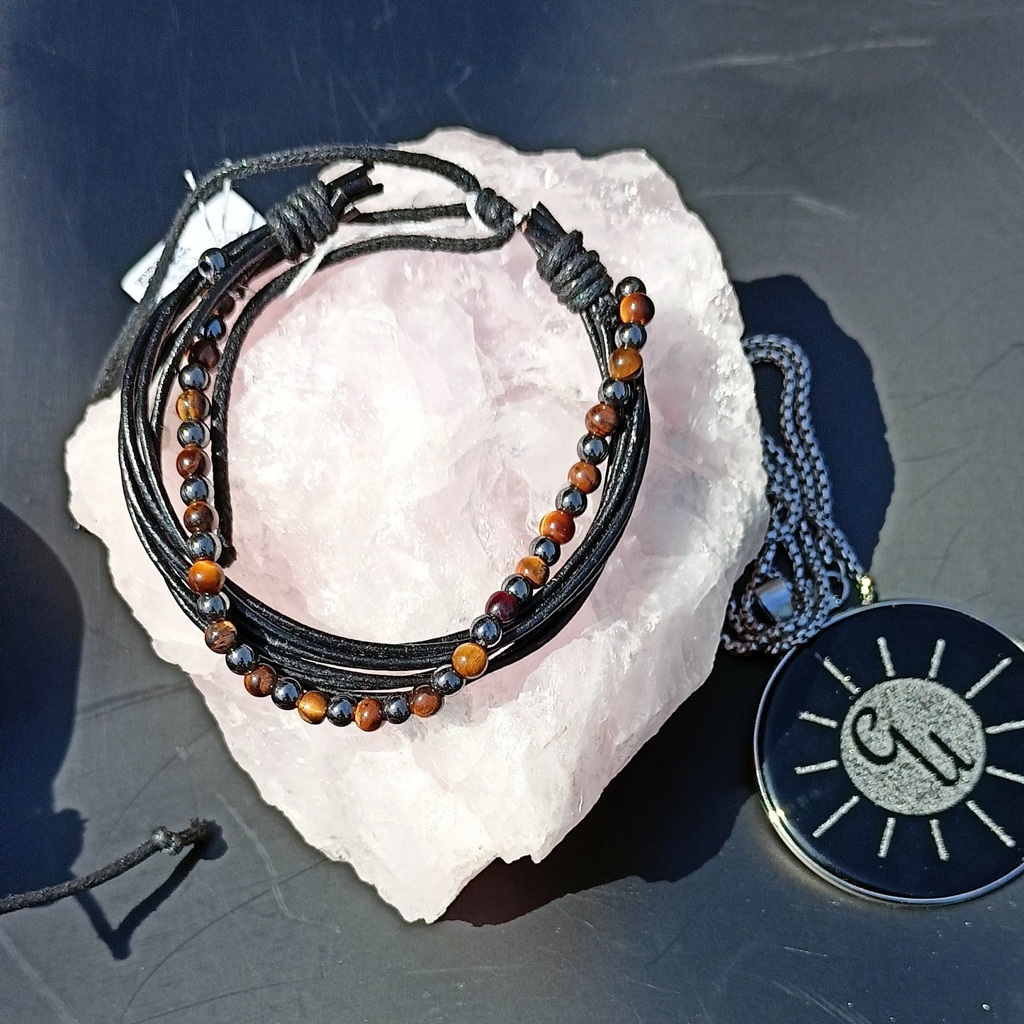Bracelet Ajustable En Cuir Et Pierre Naturelle oeil De Tigre & hématite