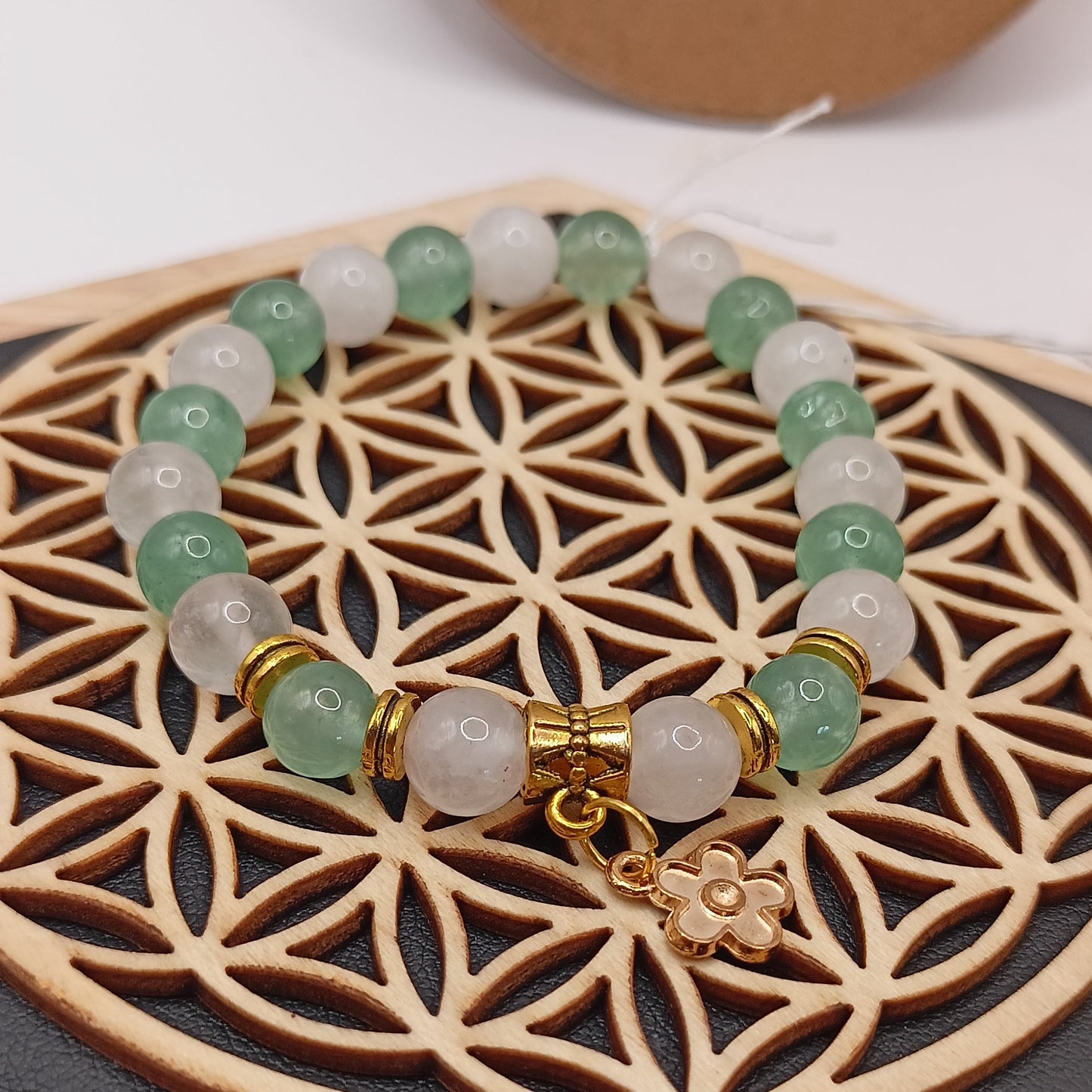 Bracelet Aventurine verte & Quartz Rose Pierre Naturelle Fleur Perles 8mm