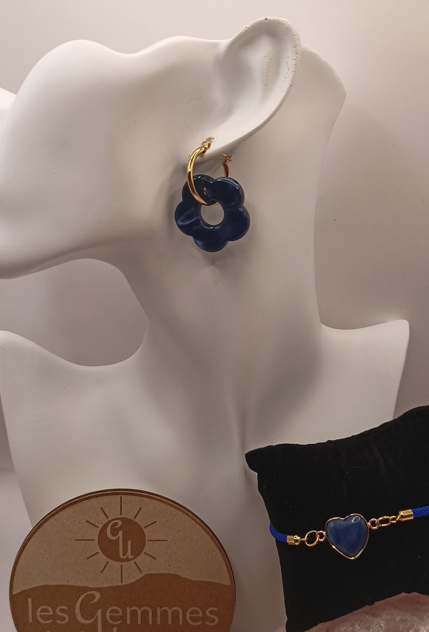 Parure boucles et bracelet Et Pierre Naturelle lapis-lazuli cœur