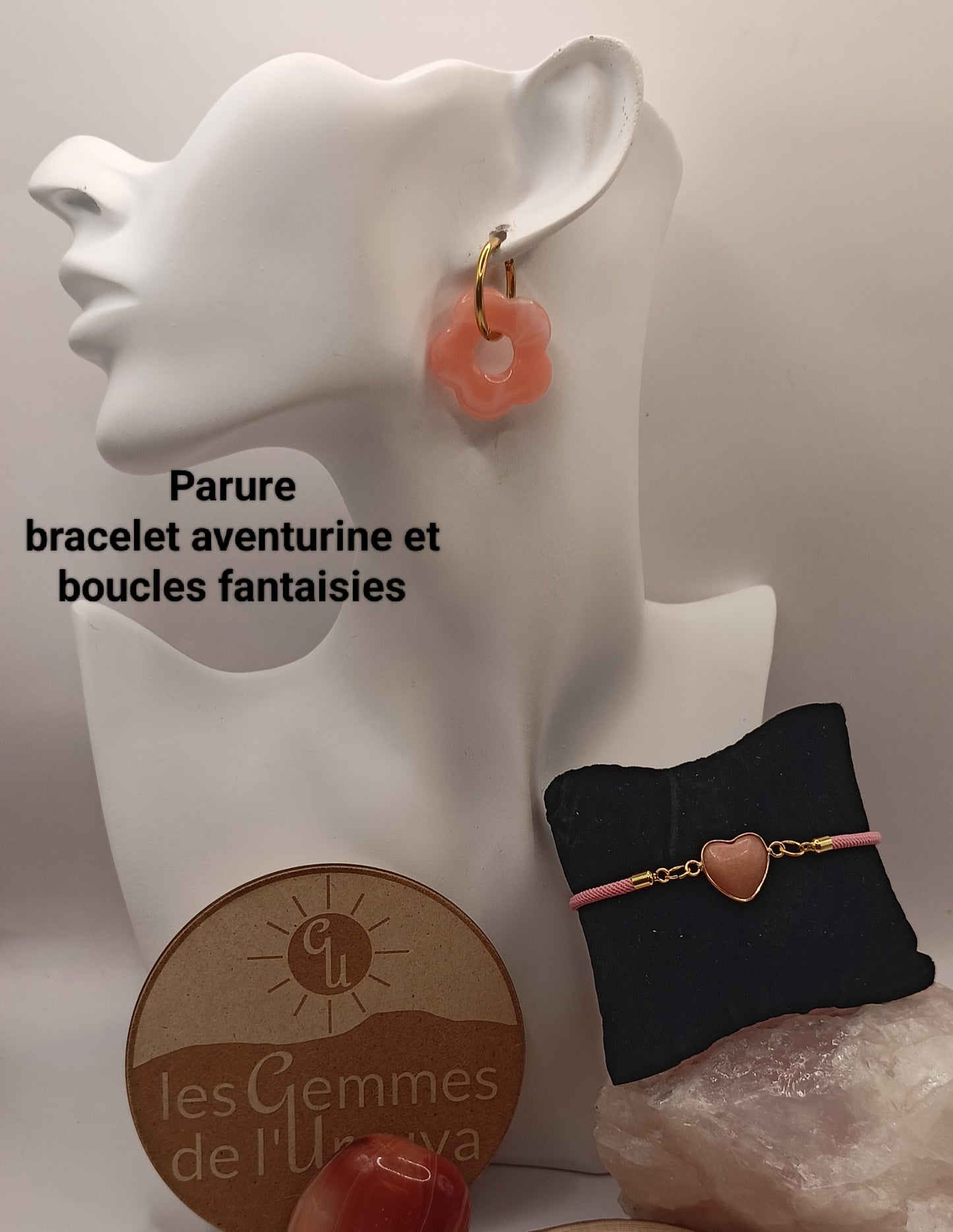 Parure Basque Lauburu bracelet ajustable et boucles d'oreilles _ Pierre Naturelle aventurine orange coeur
