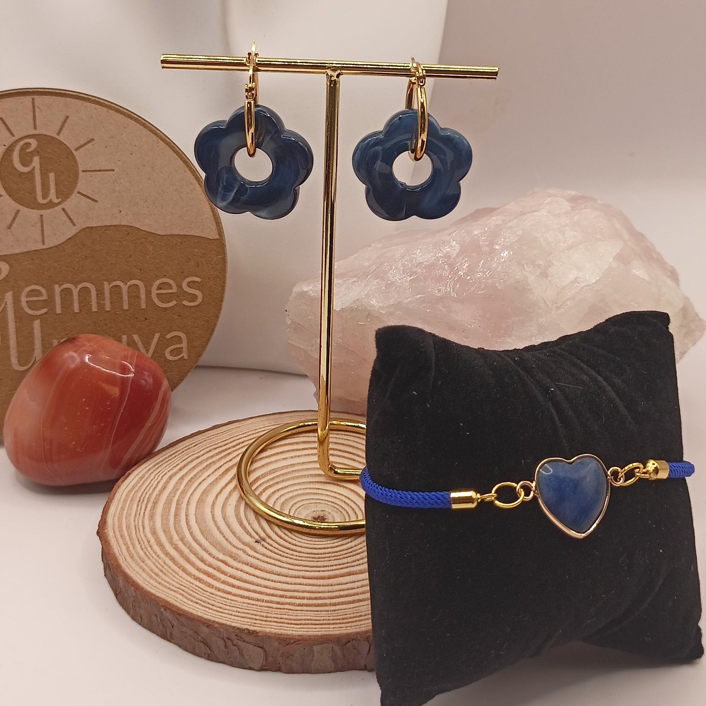 Parure boucles et bracelet Et Pierre Naturelle lapis-lazuli cœur