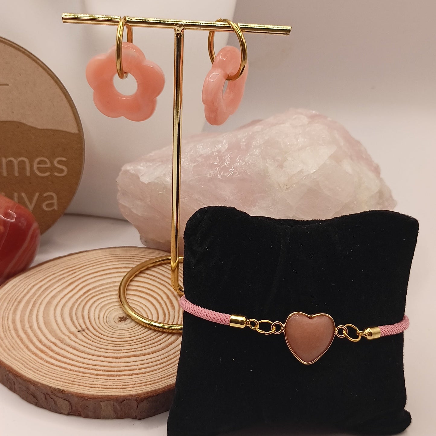 Parure Basque Lauburu bracelet ajustable et boucles d'oreilles _ Pierre Naturelle aventurine orange coeur