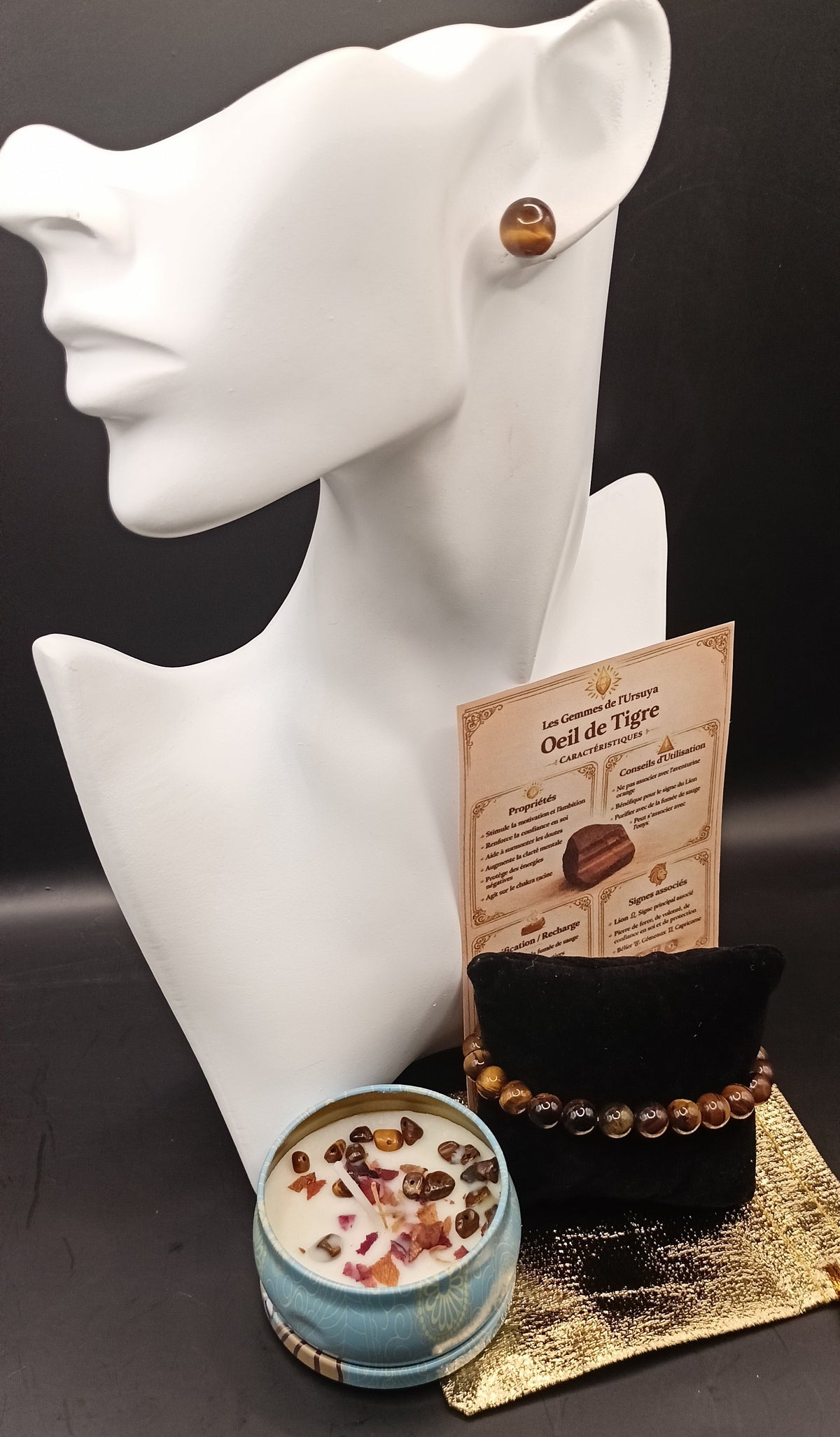 Coffret _ Oeil de tigre _ bracelet, boucles d'oreilles et bougie