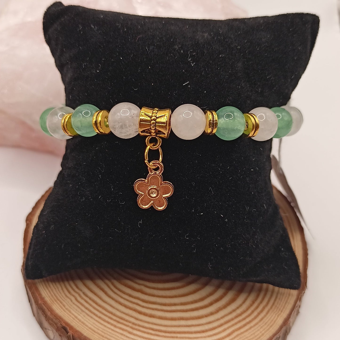 Bracelet Aventurine verte & Quartz Rose Pierre Naturelle Fleur Perles 8mm