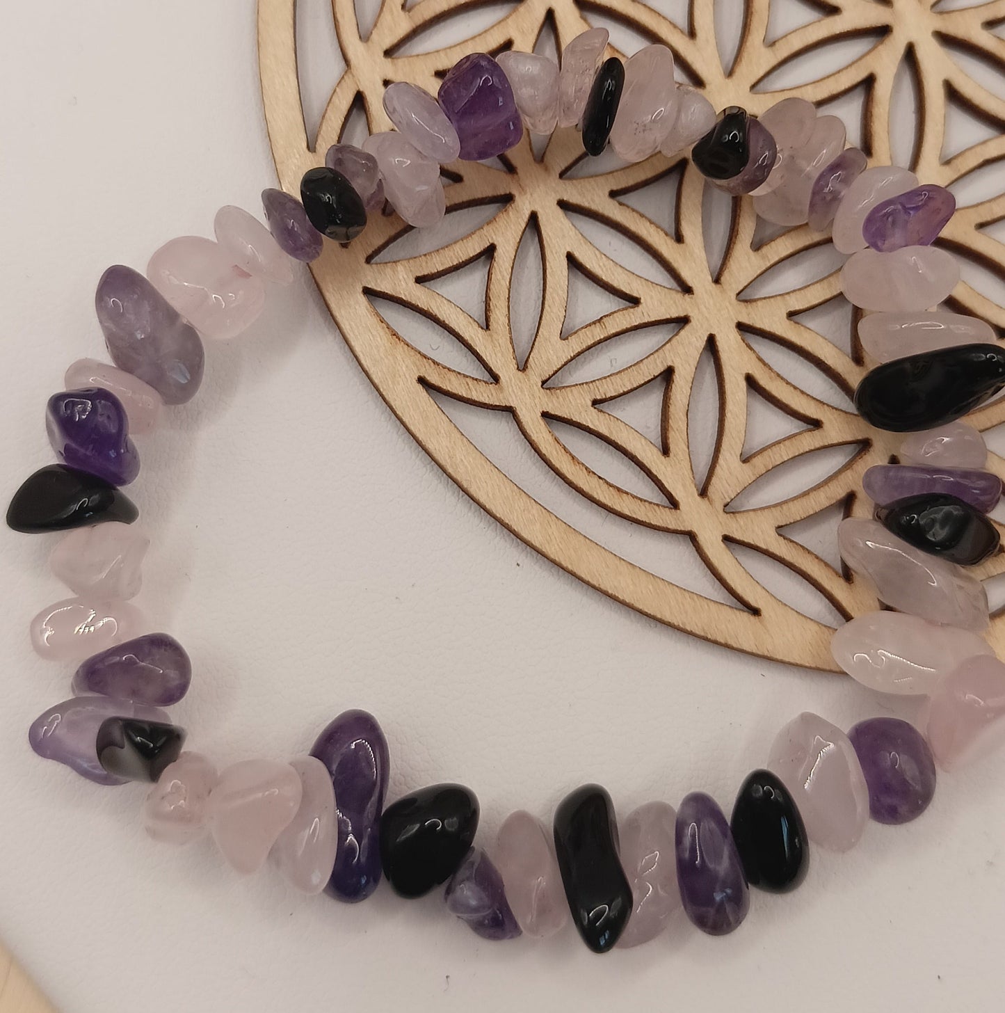 Bracelet En Pierre Naturelle Obsidienne, amethyste et quartz rose