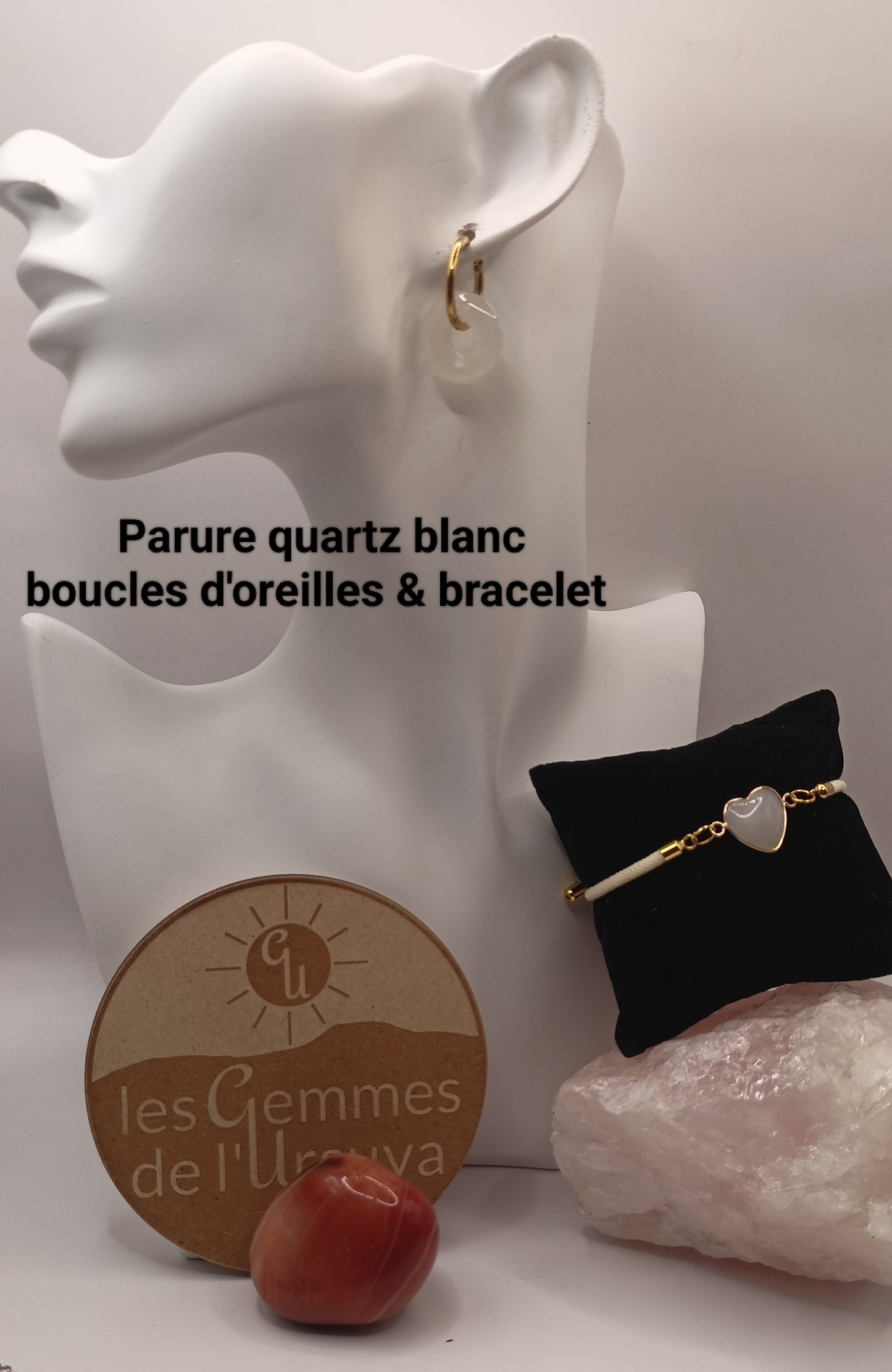 Parure boucles et bracelet ajustable Et Pierre Naturelle quartz blanc