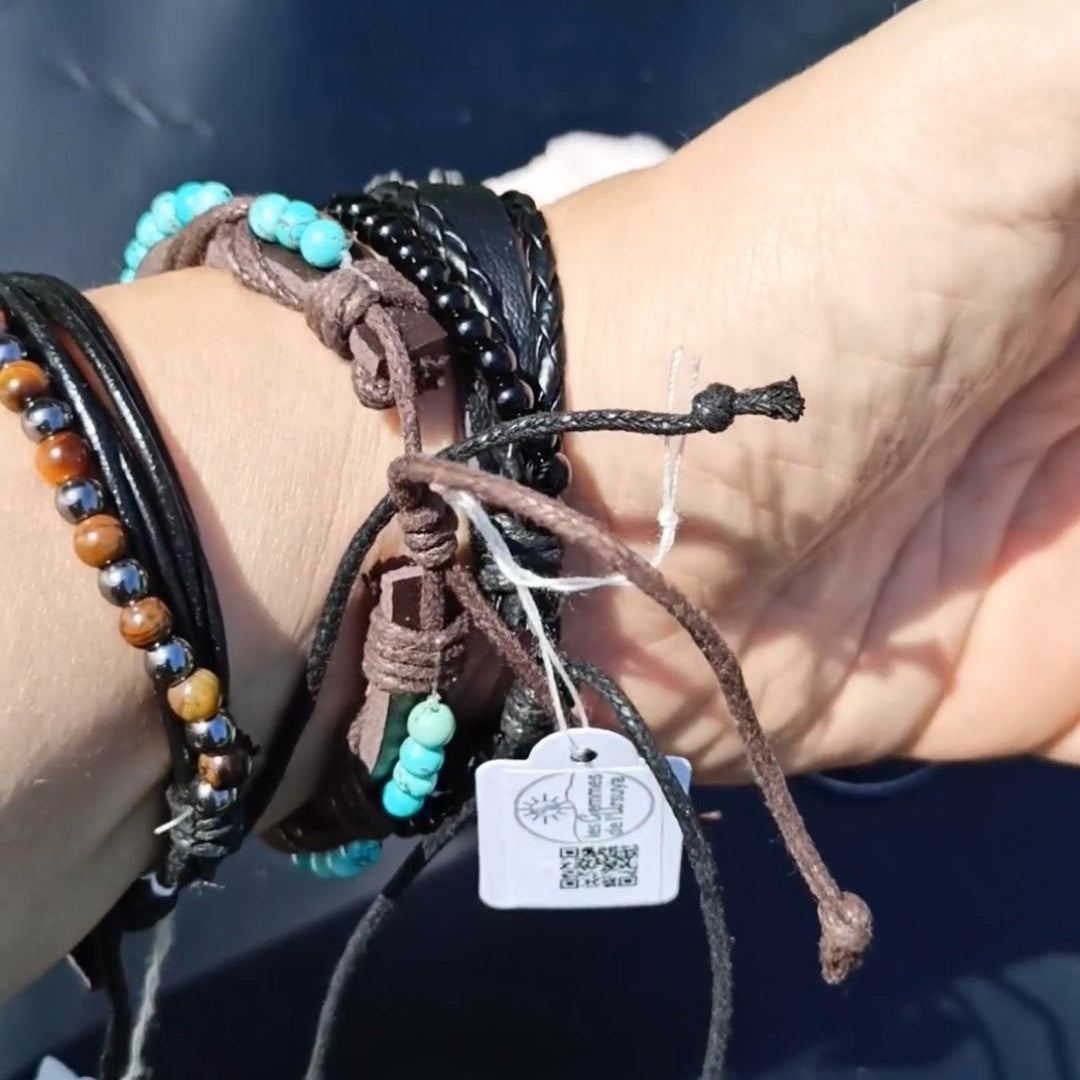 Bracelet Ajustable En Cuir Et Pierre Naturelle oeil De Tigre & hématite