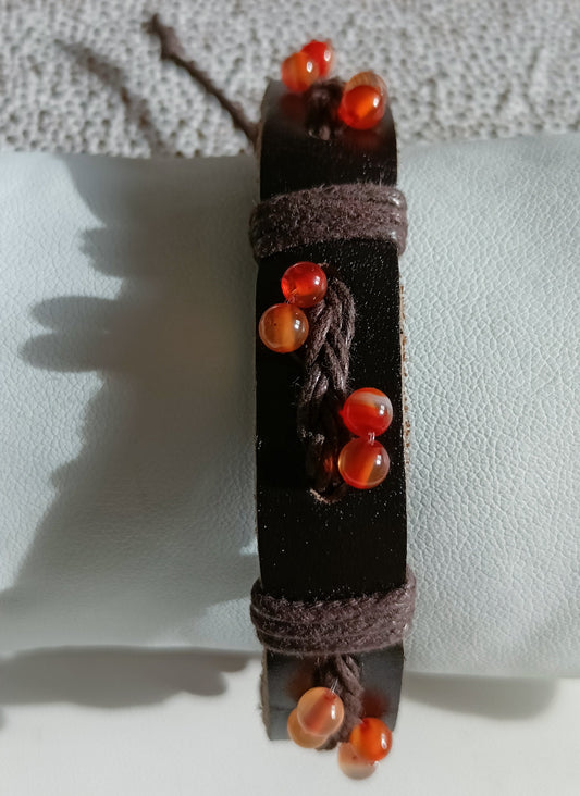 Bracelet Ajustable En Cuir Et Pierre Naturelle cornaline