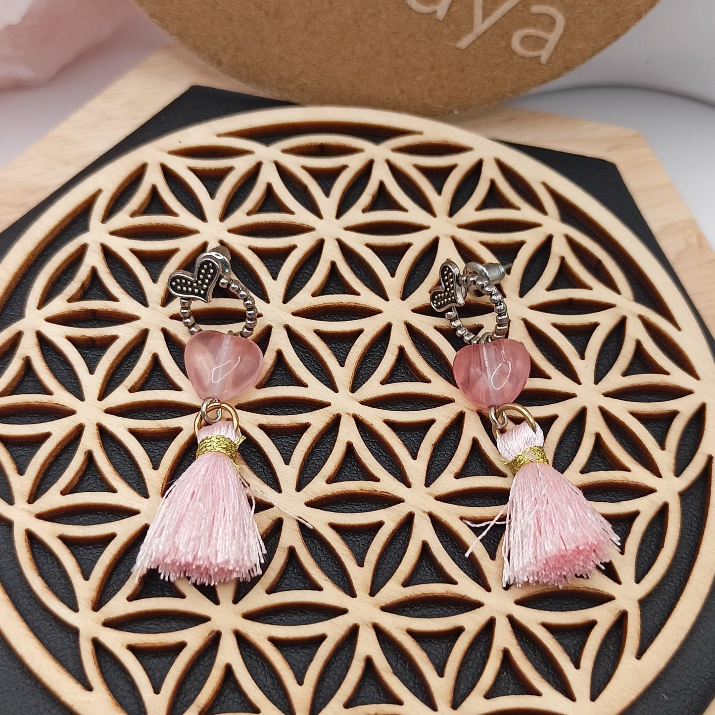 Boucles d'oreilles coeur quartz rose argenté–Acier Inoxydable | Les Gemmes de l'Ursuya