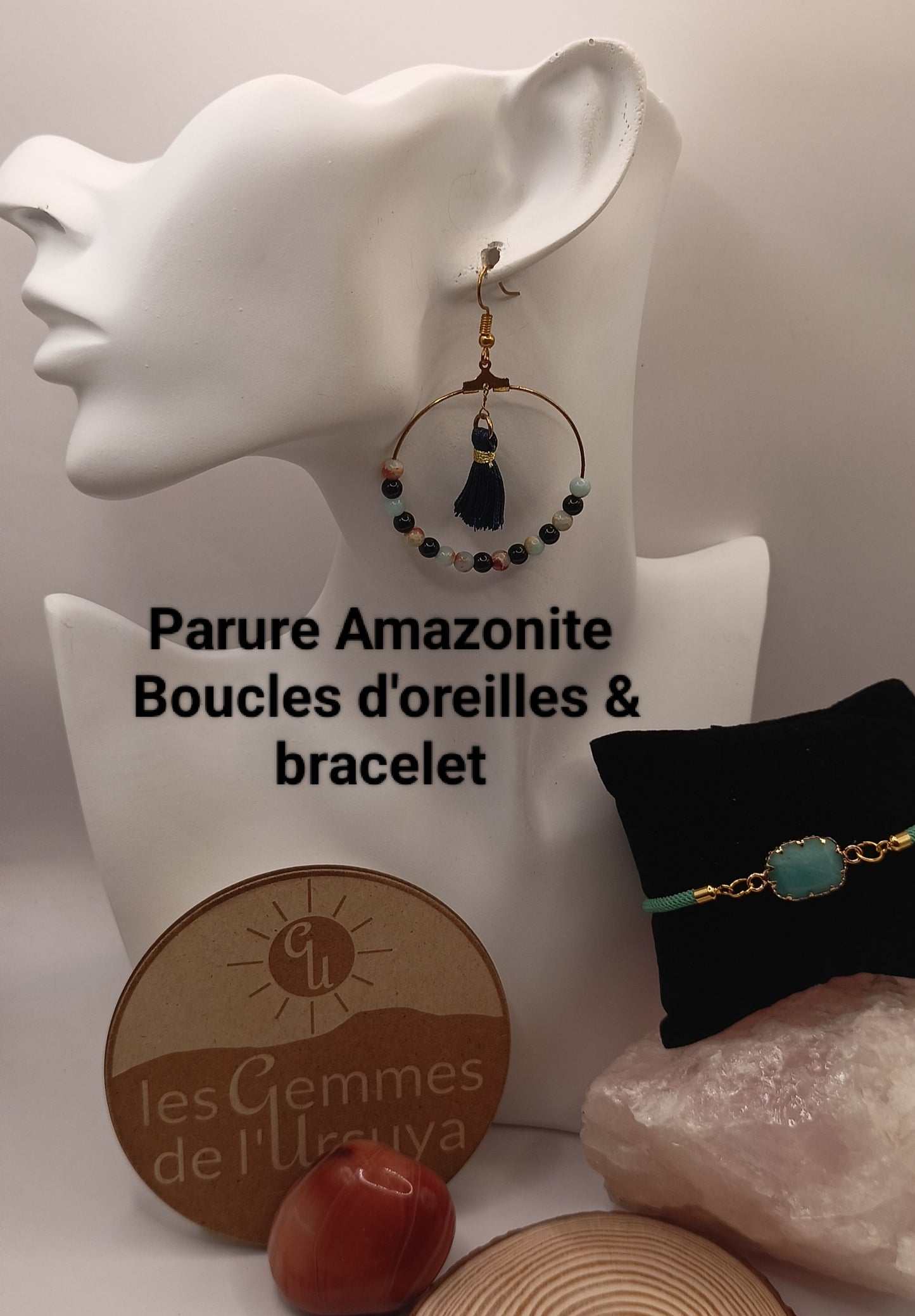 Parure boucles et bracelet ajustable Et Pierre Naturelle Amazonite