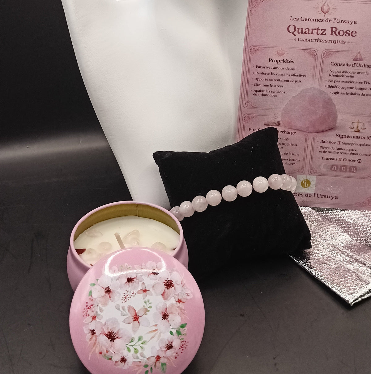 Coffret _ Quartz rose _ bracelet, boucles et bougie