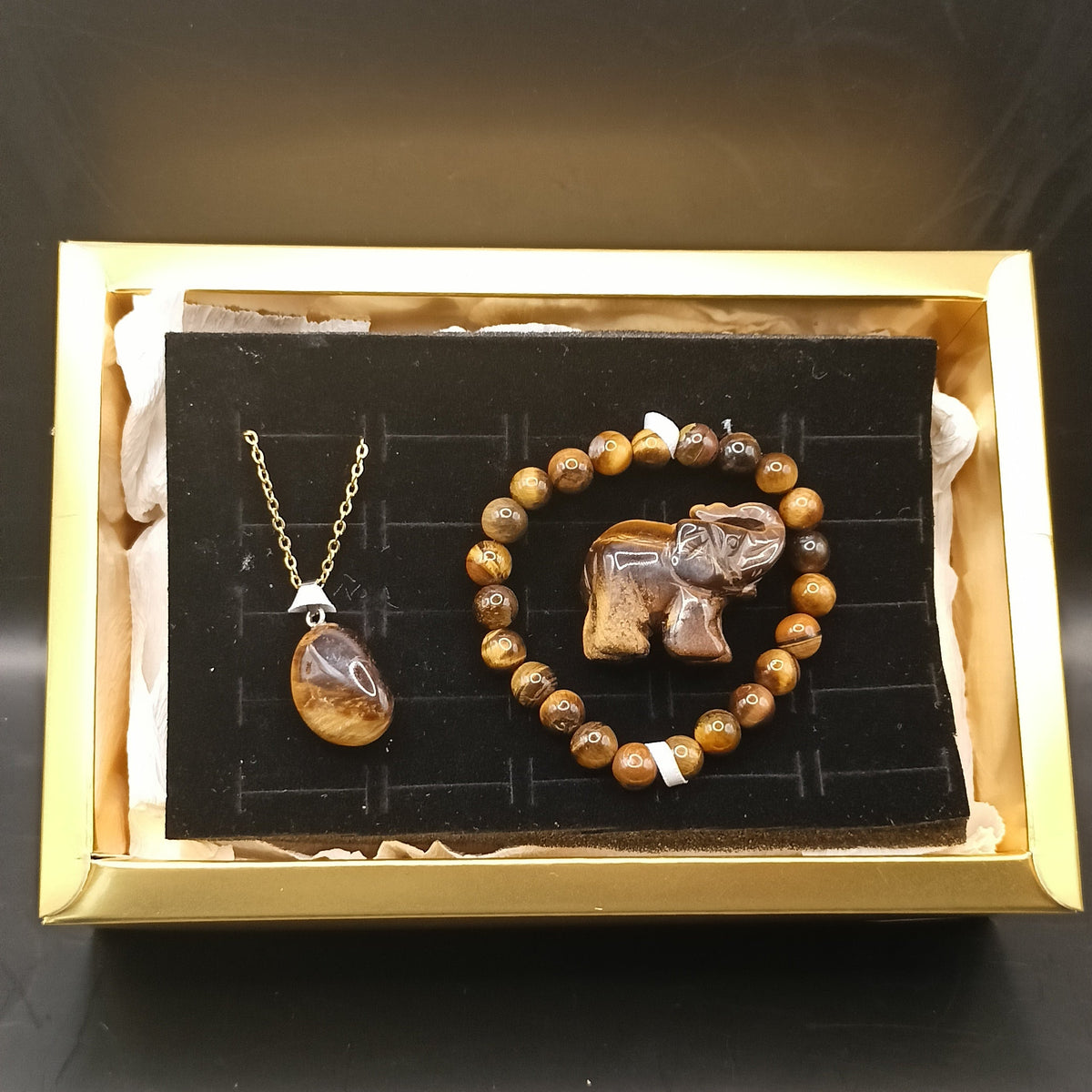 Coffret _ Oeil de tigre _ bracelet, collier et éléphant statue