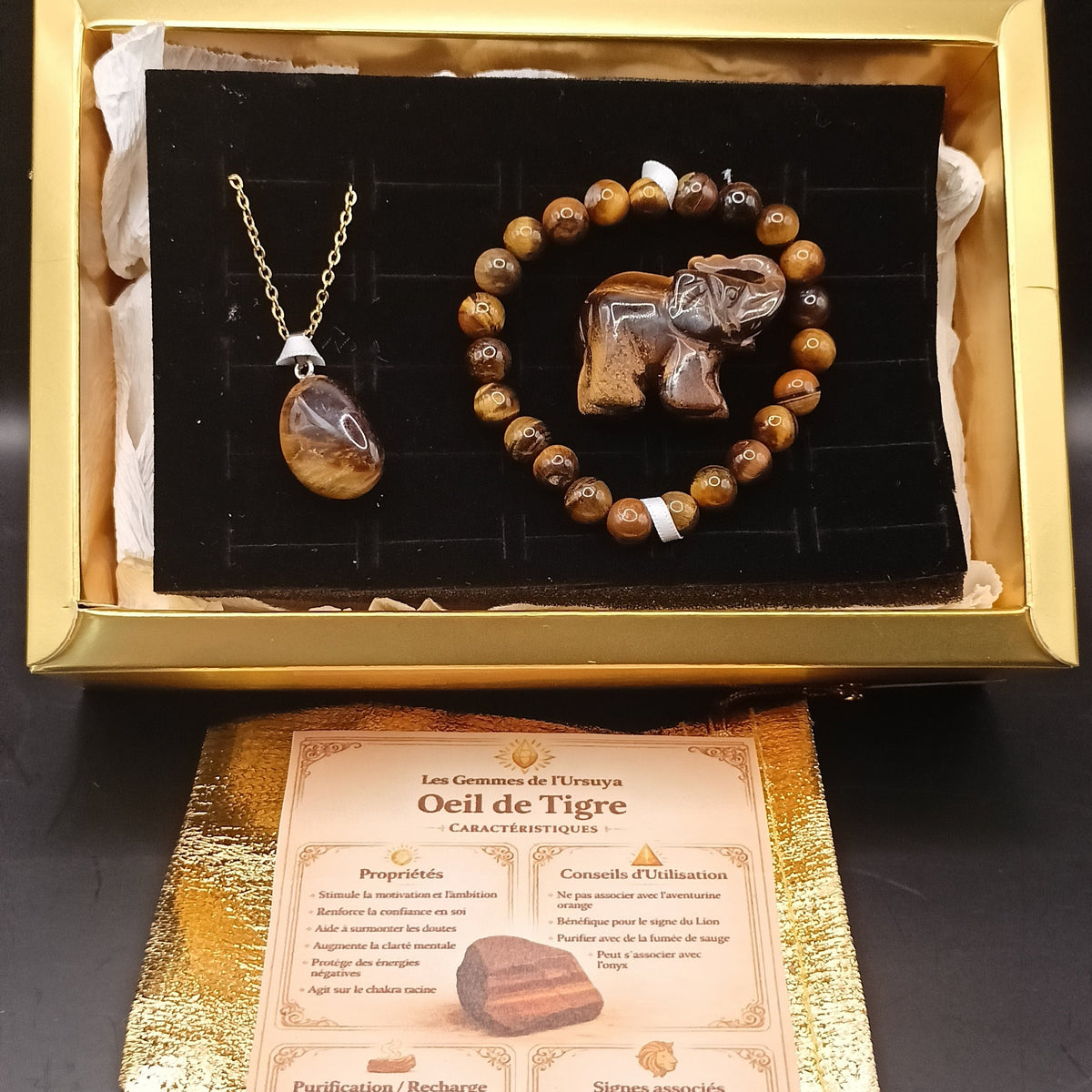 Coffret _ Oeil de tigre _ bracelet, collier et éléphant statue