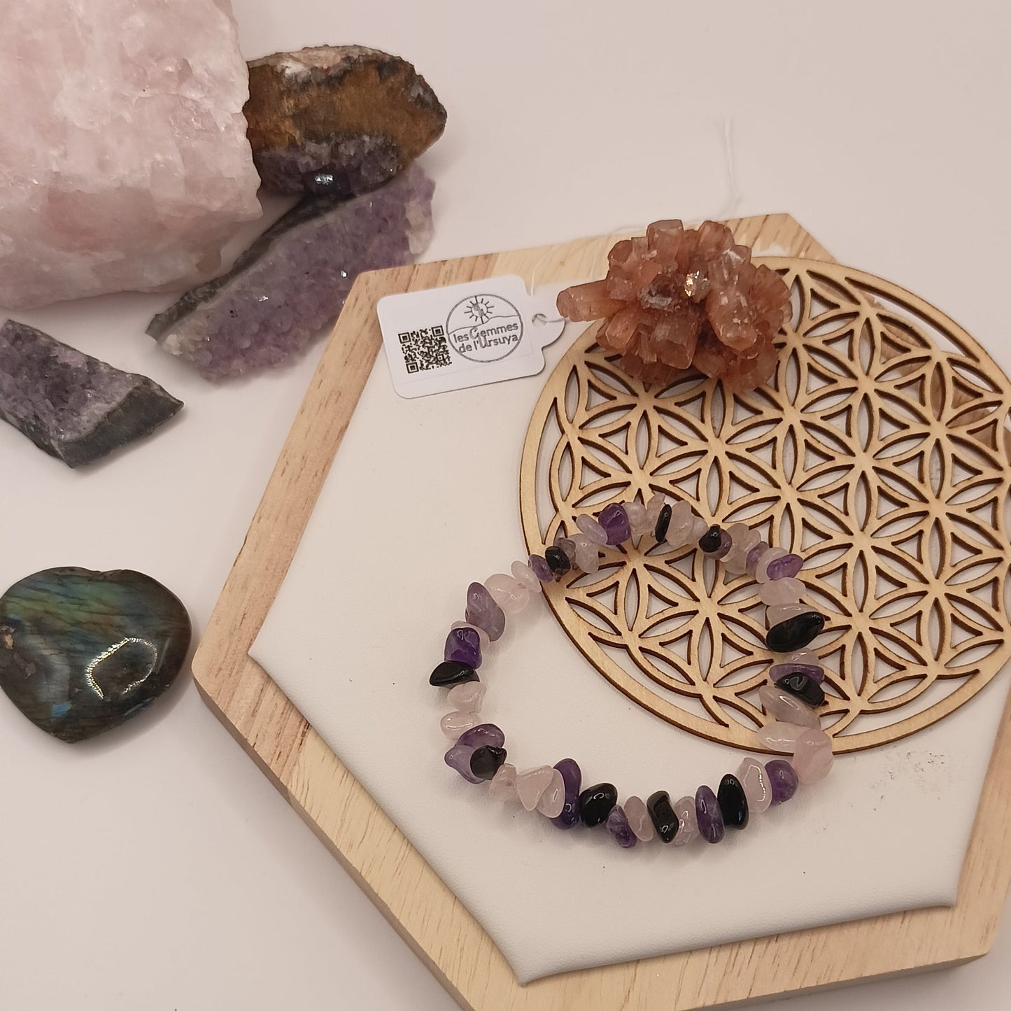 Bracelet En Pierre Naturelle Obsidienne, amethyste et quartz rose