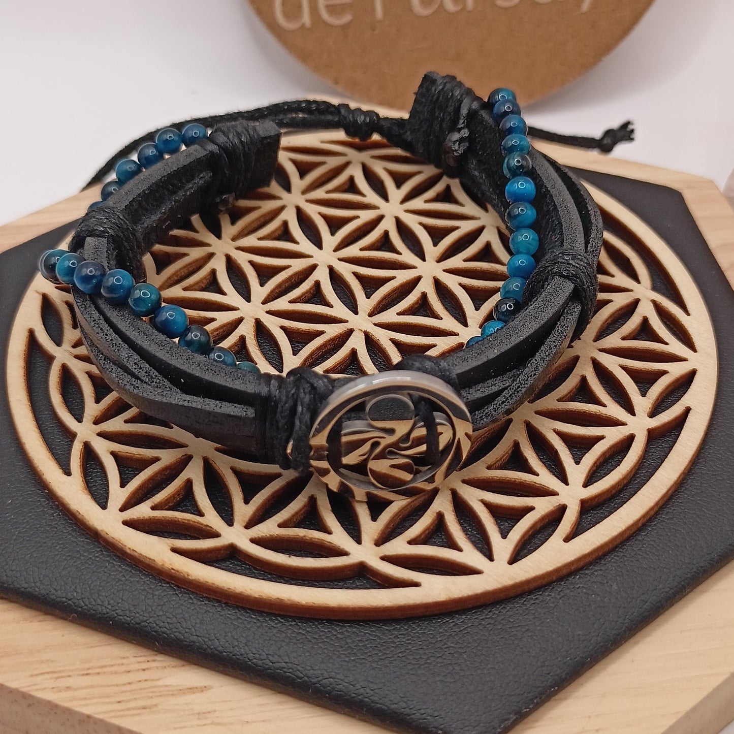 Bracelet Ajustable En Cuir Et Pierre Naturelle oeil du faucon Et Coix Basque~4mm