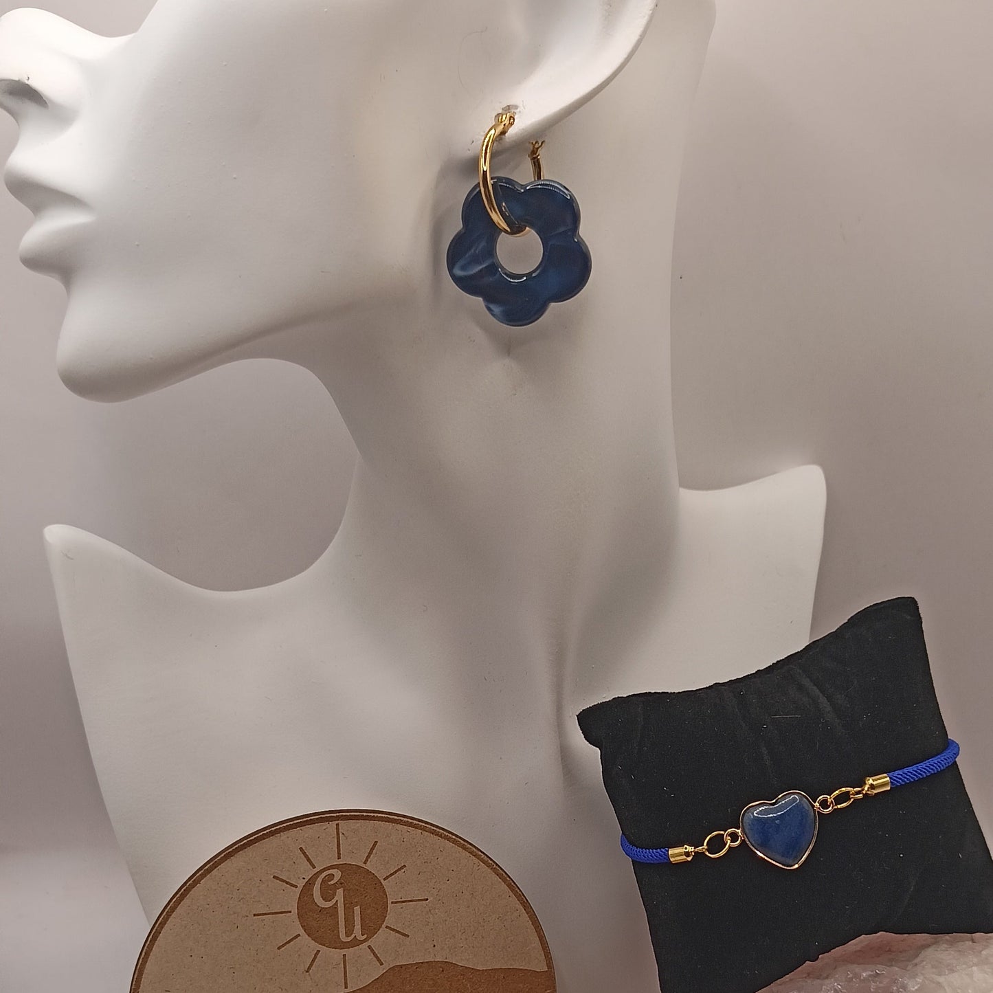Parure boucles et bracelet Et Pierre Naturelle lapis-lazuli cœur
