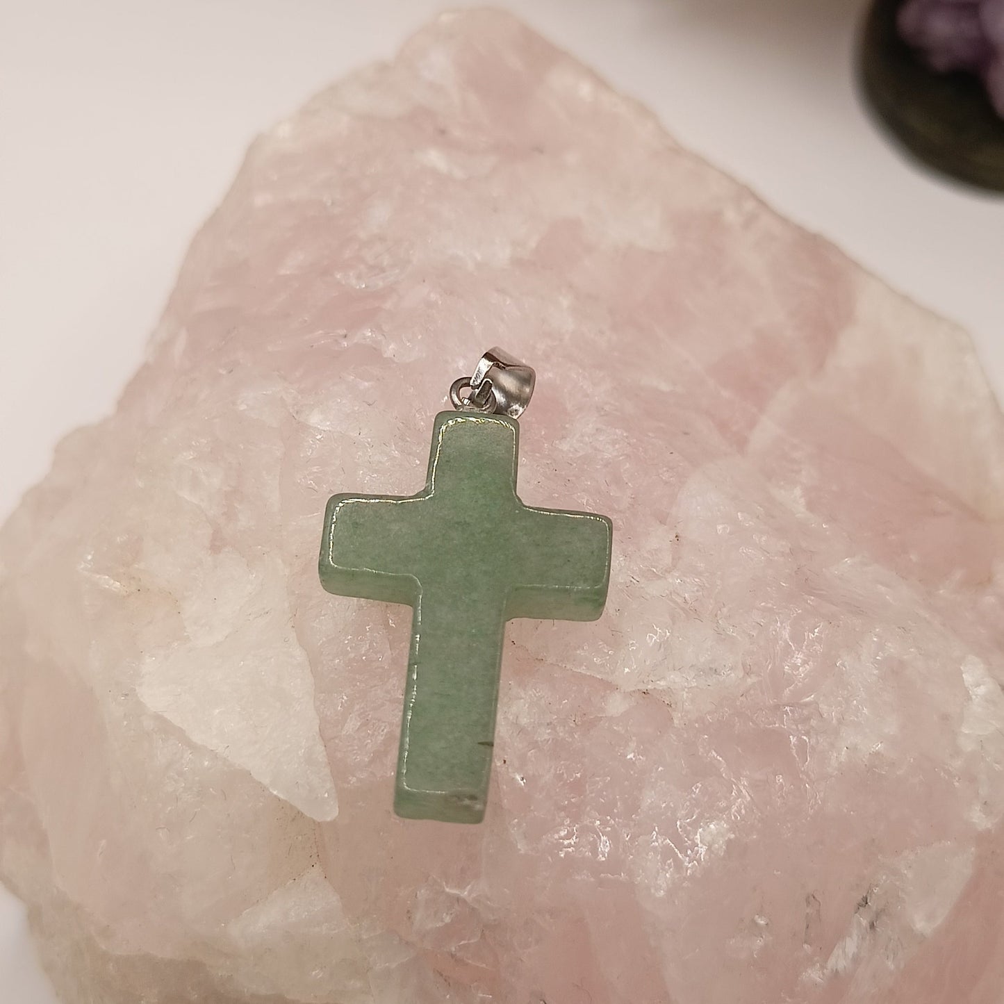 Pendentif Pierre Naturelle Aventurine Verte Croix Catholique