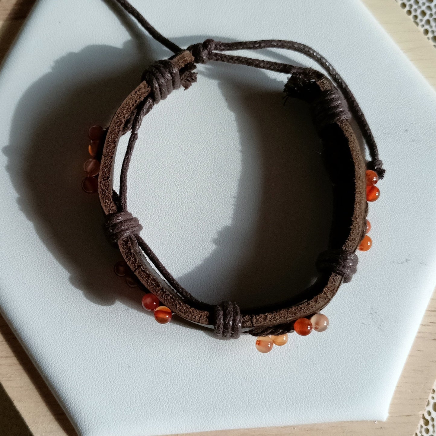 Bracelet Ajustable En Cuir Et Pierre Naturelle cornaline