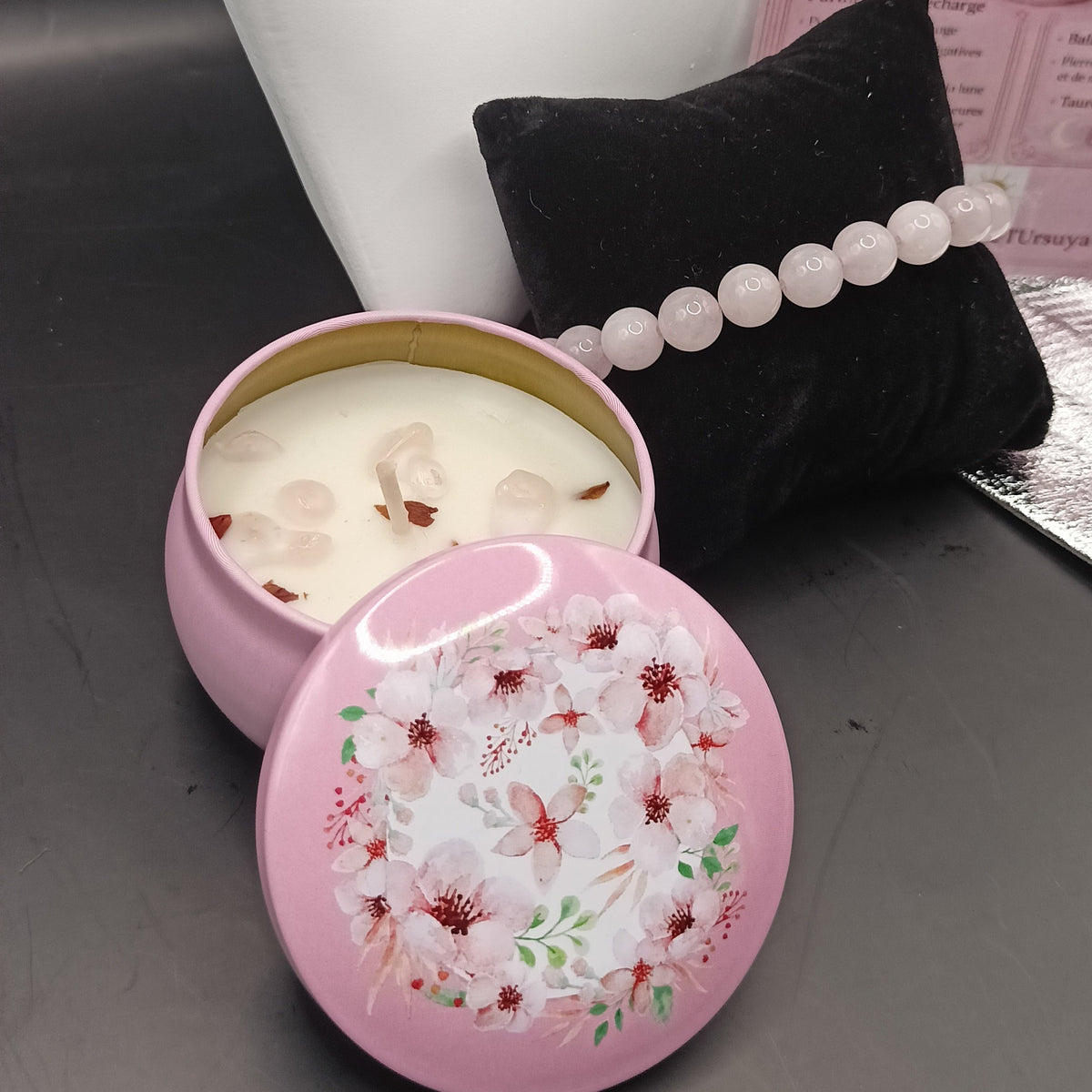 Coffret _ Quartz rose _ bracelet, boucles et bougie