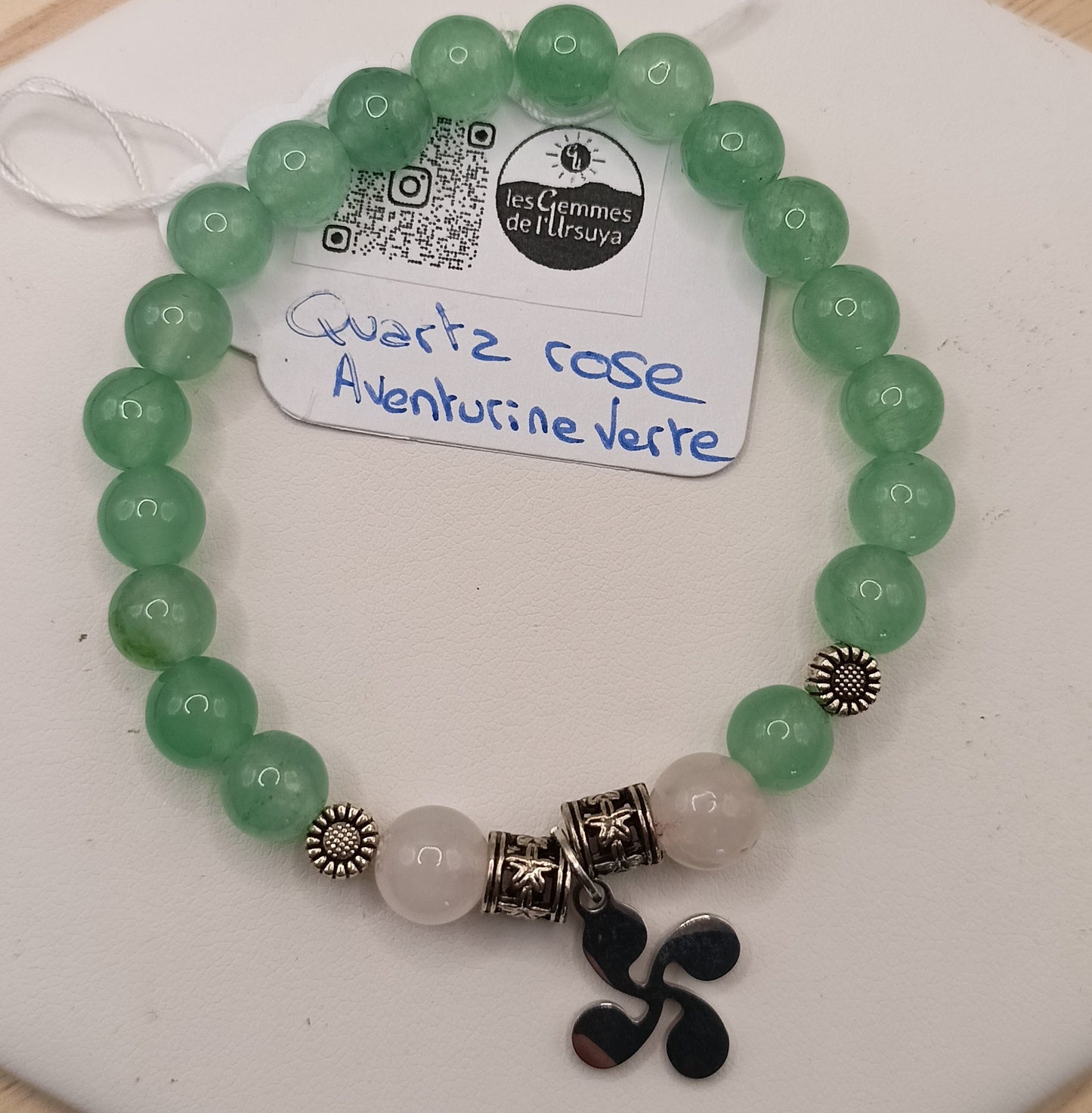Bracelet Aventurine verte & Quartz Rose Pierre Naturelle Lauburu Basque Perles 8mm