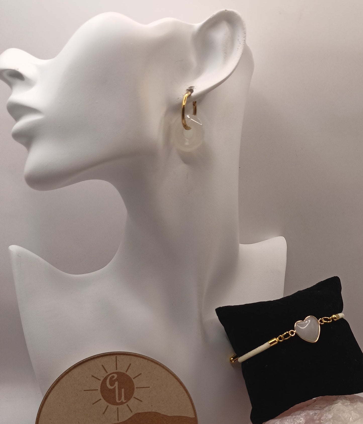 Parure boucles et bracelet ajustable Et Pierre Naturelle quartz blanc