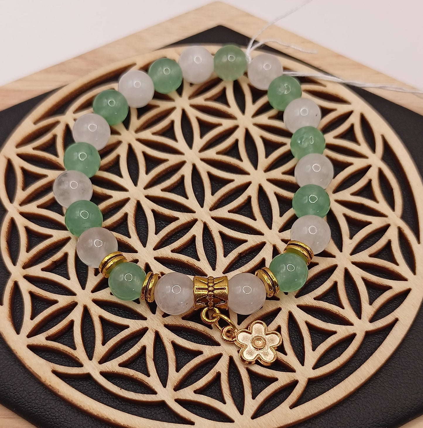 Bracelet Aventurine verte & Quartz Rose Pierre Naturelle Fleur Perles 8mm