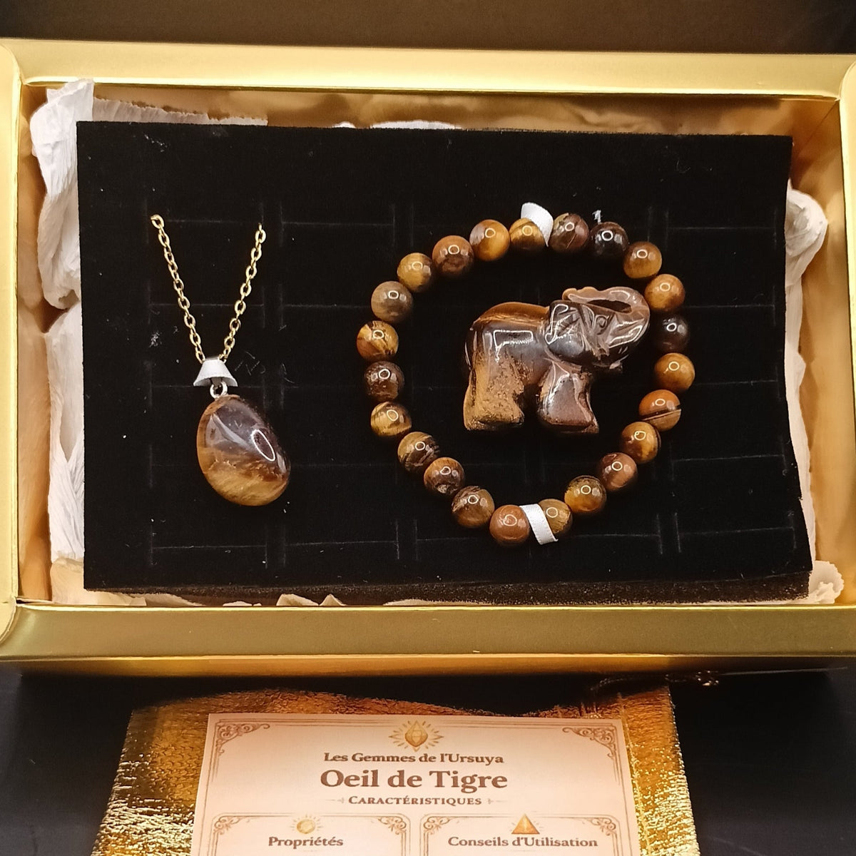 Coffret _ Oeil de tigre _ bracelet, collier et éléphant statue