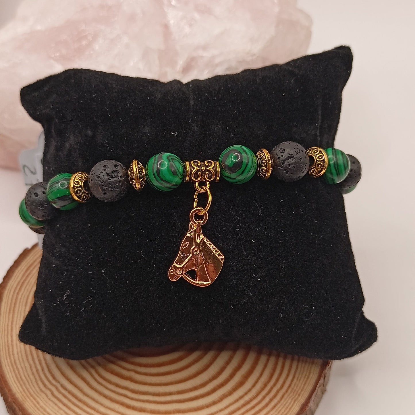 Bracelet en malachite et pierre de lave et pendentif Cheval