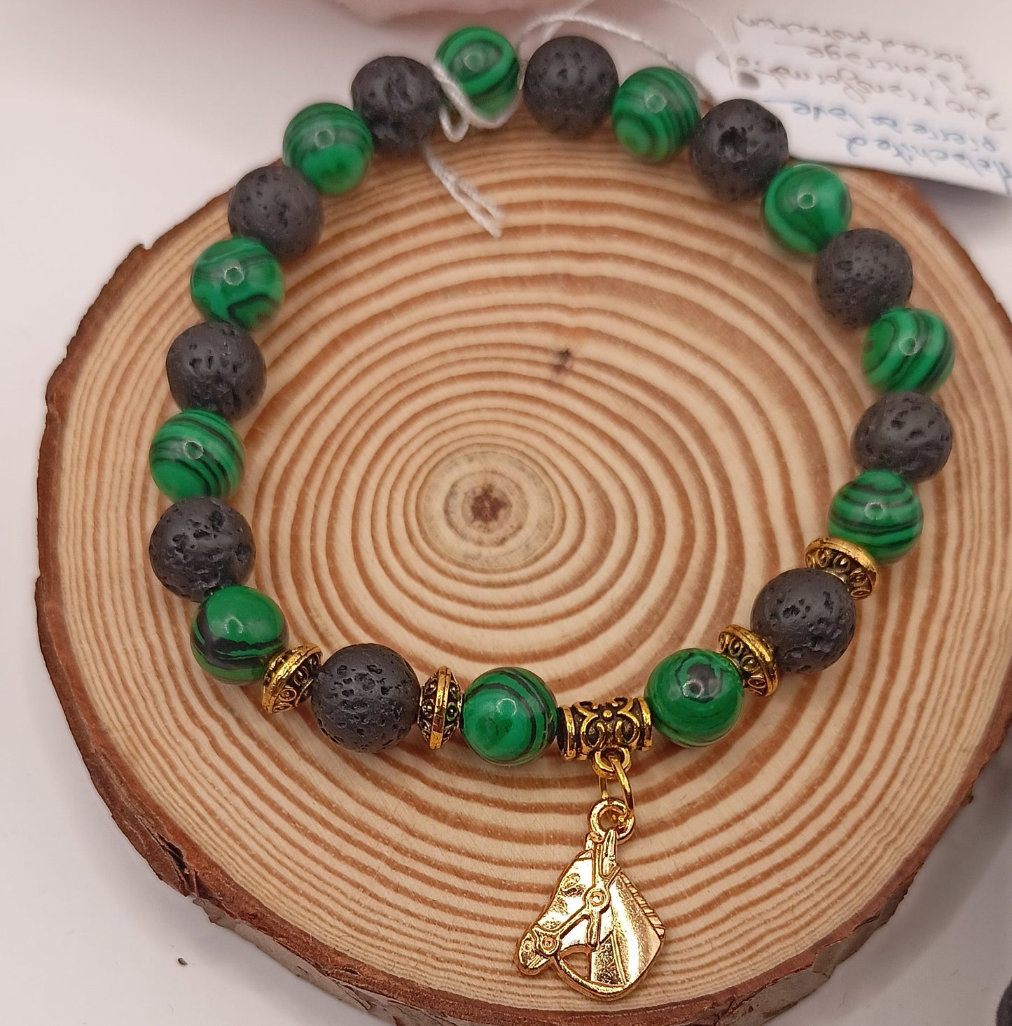 Bracelet en malachite et pierre de lave et pendentif Cheval