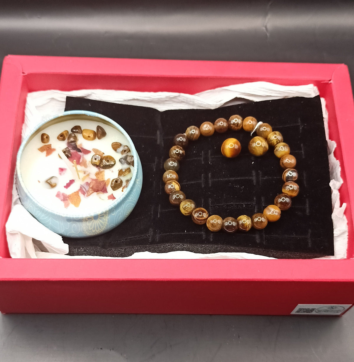 Coffret _ Oeil de tigre _ bracelet, boucles d'oreilles et bougie