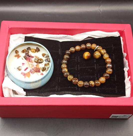 Coffret _ Oeil de tigre _ bracelet, boucles d'oreilles et bougie