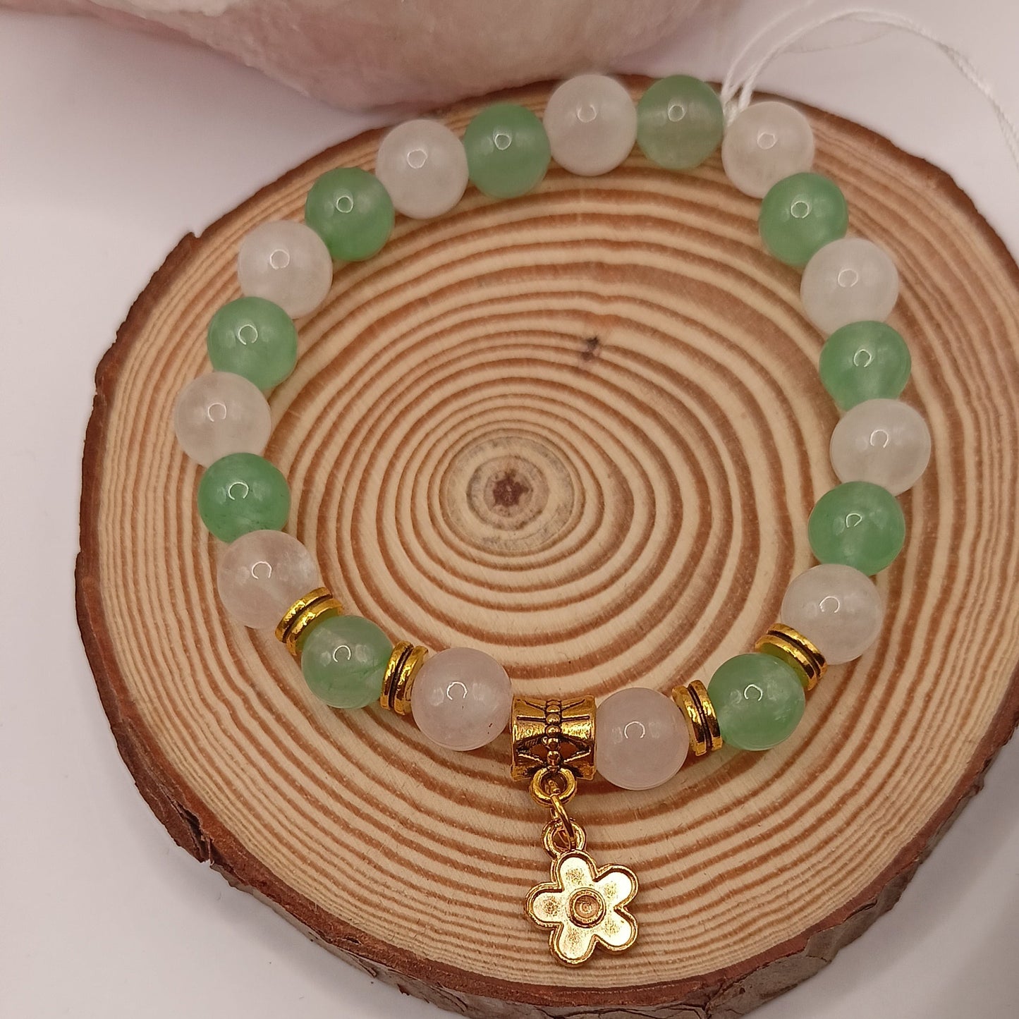 Bracelet Aventurine verte & Quartz Rose Pierre Naturelle Fleur Perles 8mm