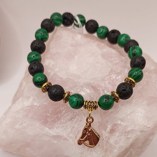 Bracelet en malachite et pierre de lave et pendentif Cheval