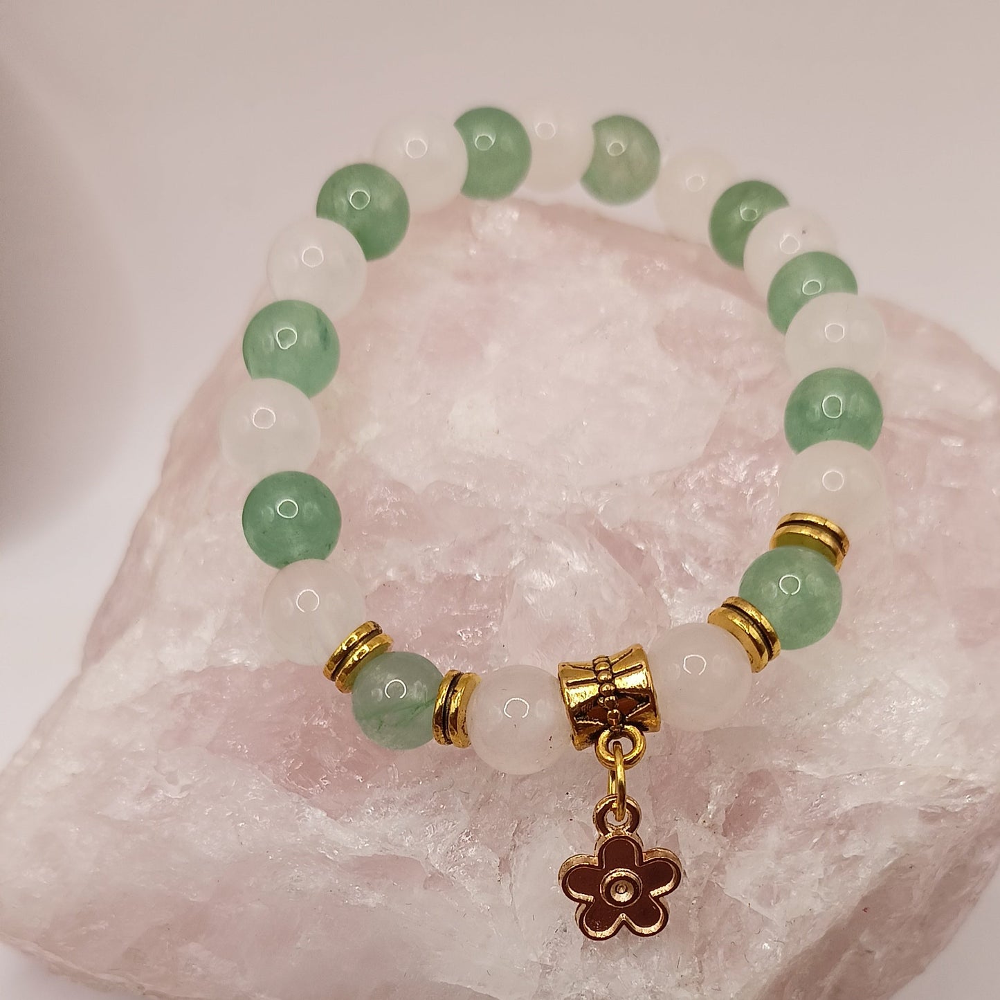 Bracelet Aventurine verte & Quartz Rose Pierre Naturelle Fleur Perles 8mm