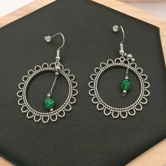 Boucles d'oreille Fantaisie Acier ou Argent Et Pierre Naturelle Malachite Verte Les Gemmes de l'Ursuya