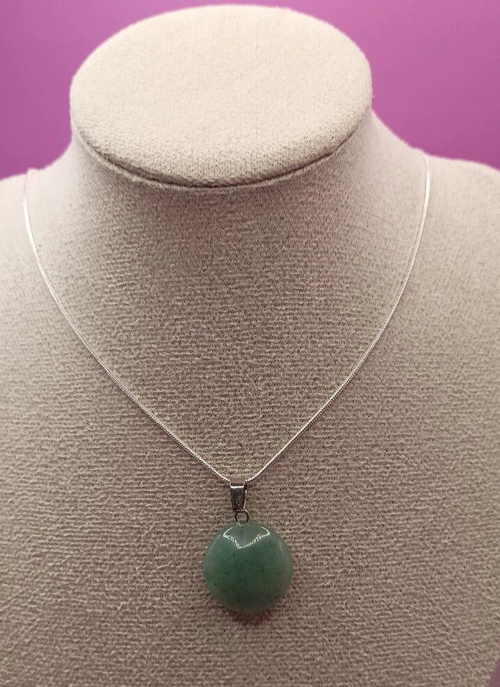 Collier Mailles Serpent Argenté Et Pendentif Pierre Naturelle Aventurine Verte