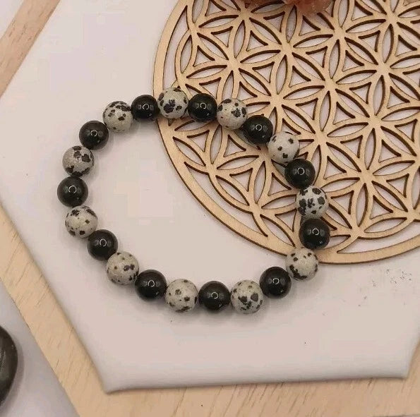Bracelet Jaspe Dalmatien, Obsidienne Noir Taille 16cm Pierre Naturelle (T16/8)