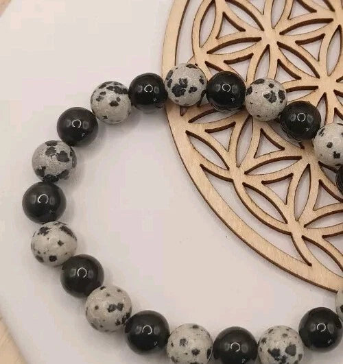 Bracelet Jaspe Dalmatien, Obsidienne Noir Taille 16cm Pierre Naturelle (T16/8)