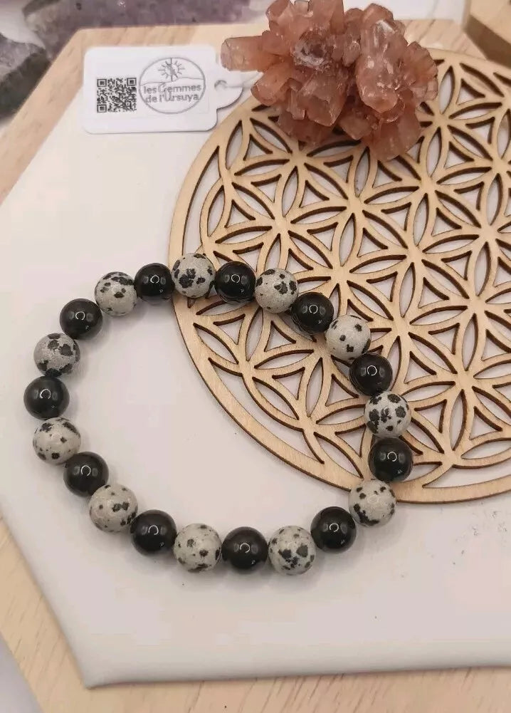 Bracelet Jaspe Dalmatien, Obsidienne Noir Taille 16cm Pierre Naturelle (T16/8)