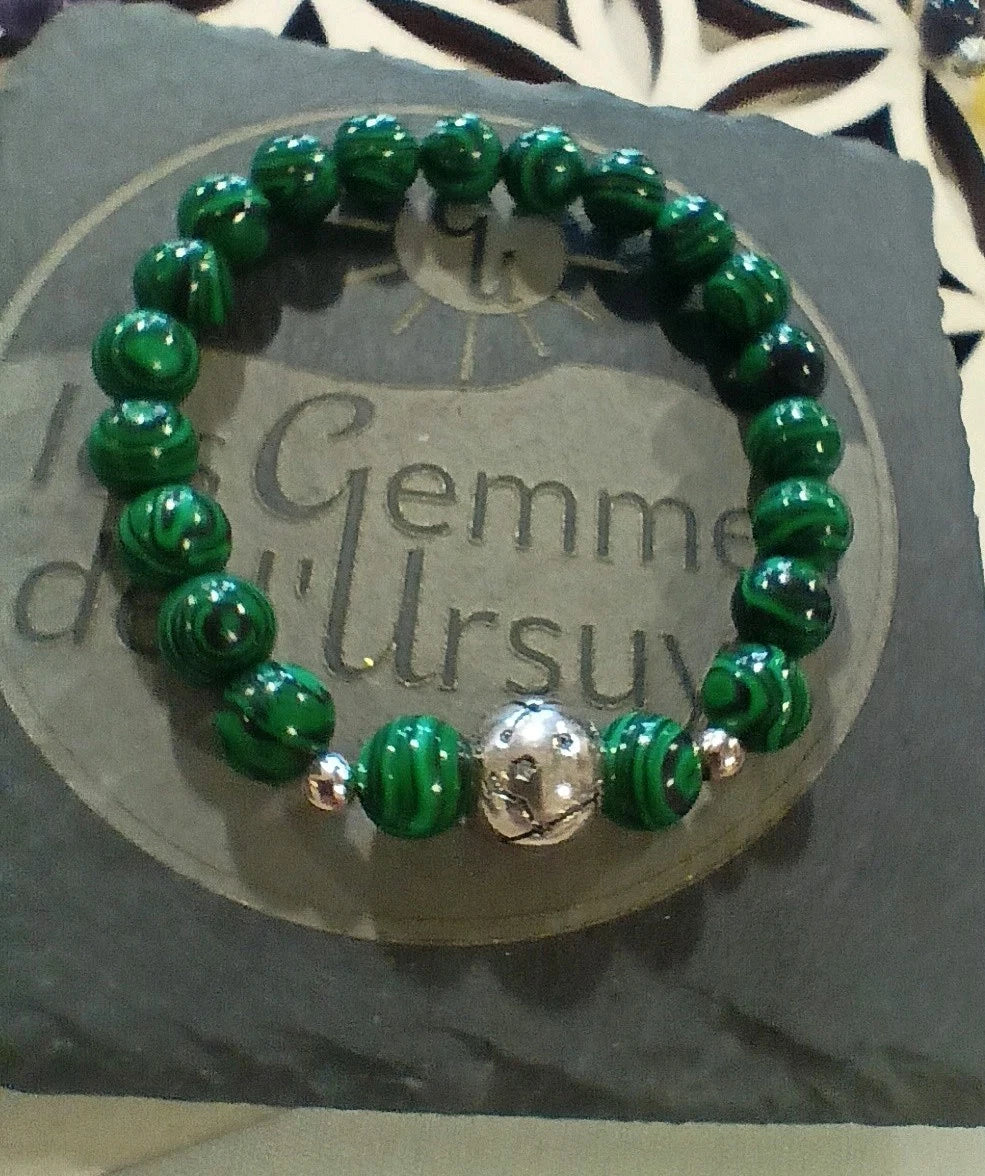 Bracelet Pierre Naturelle Malachite 8mm Vert Astro Vierge Argent (T16/8 - T17/8)