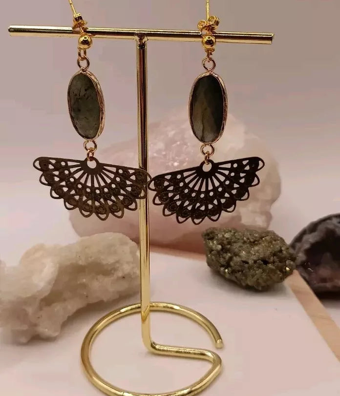 Boucles D'oreilles Dorées Pierre Naturelle _ Labradorite Les Gemmes de l'Ursuya