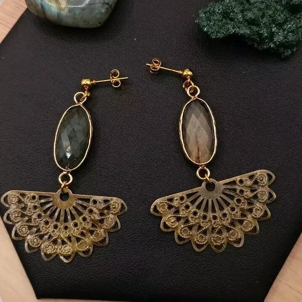 Boucles D'oreilles Dorées Pierre Naturelle _ Labradorite Les Gemmes de l'Ursuya