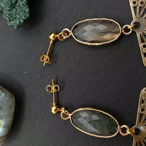 Boucles D'oreilles Dorées Pierre Naturelle _ Labradorite Les Gemmes de l'Ursuya