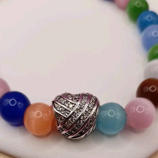 Bracelet Pierre Naturelle Pierre De Lune Coloré Cœur _ Argent 925 (T17/8)