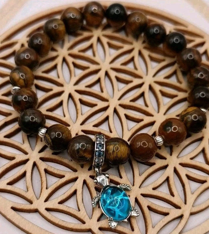Bracelet Pierre Oeil De Tigre Pierre Et Tortue Verre S925 - Protection Les Gemmes de l'Ursuya