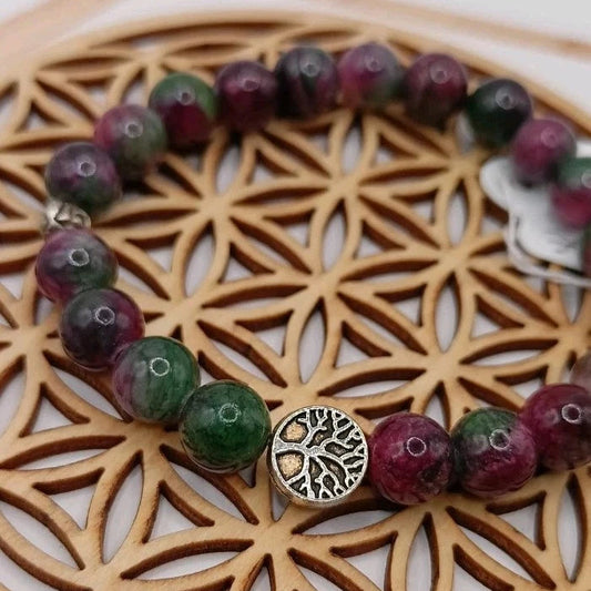 Bracelet Pierre Naturelle Tourmaline Pastèque et Arbre De Vie